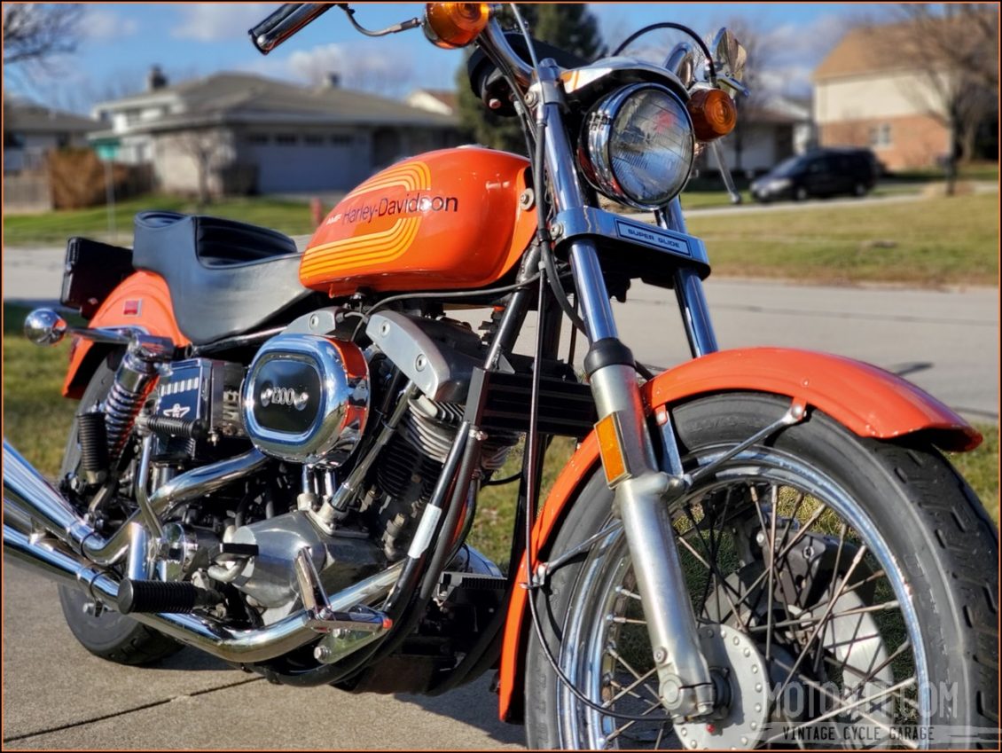 1976 AMF Harley Davidson FXE superglide Shovelhead Sunburst Orange| Motonit 2020